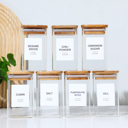 12-Pack Square Spice Jars with 72 Labels | Kitchen Containers for Salt, Pepper, Seasonings, Tea, Coffee & Snacks