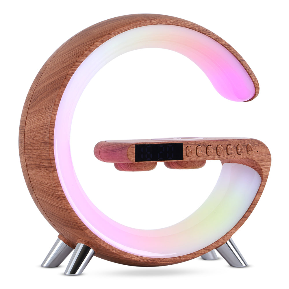 All-in-One G-Shaped Bedside Lamp: Smart LED Ambient Light, Bluetooth Speaker, Wireless Charger, App Controled