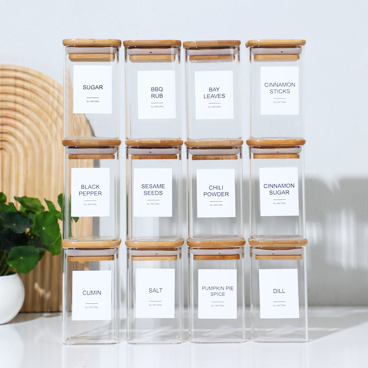 12-Pack Square Spice Jars with 72 Labels | Kitchen Containers for Salt, Pepper, Seasonings, Tea, Coffee & Snacks