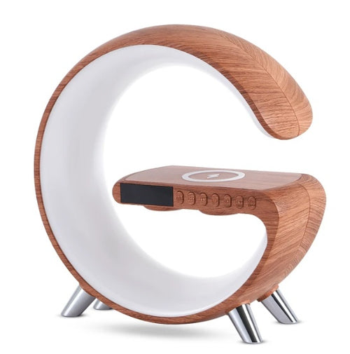 All-in-One G-Shaped Bedside Lamp: Smart LED Ambient Light, Bluetooth Speaker, Wireless Charger, App Controled